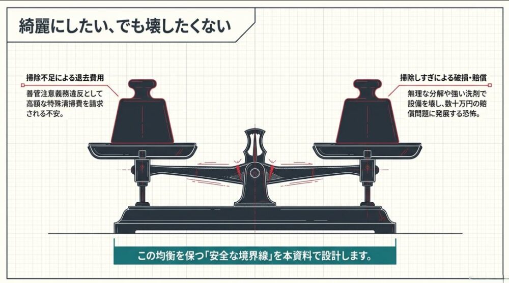 掃除不足による退去費用請求と、過度な清掃による破損リスクのバランスを示す天秤の図