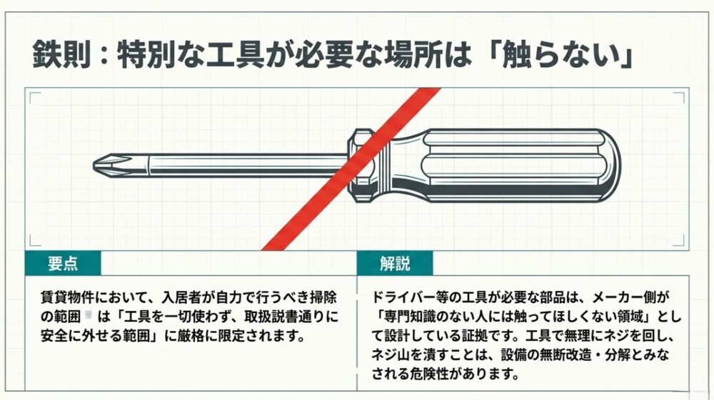 ドライバーの使用を禁止するマークと、特別な工具が必要な場所は触らないという鉄則を示す図