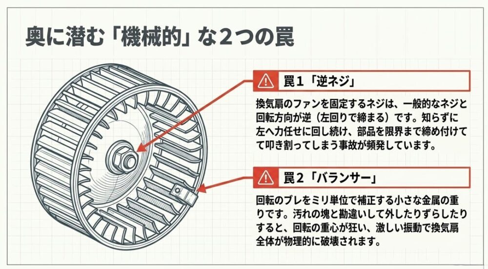 シロッコファン内部にある逆ネジと、絶対に触れてはいけないバランサーの位置を示す図解