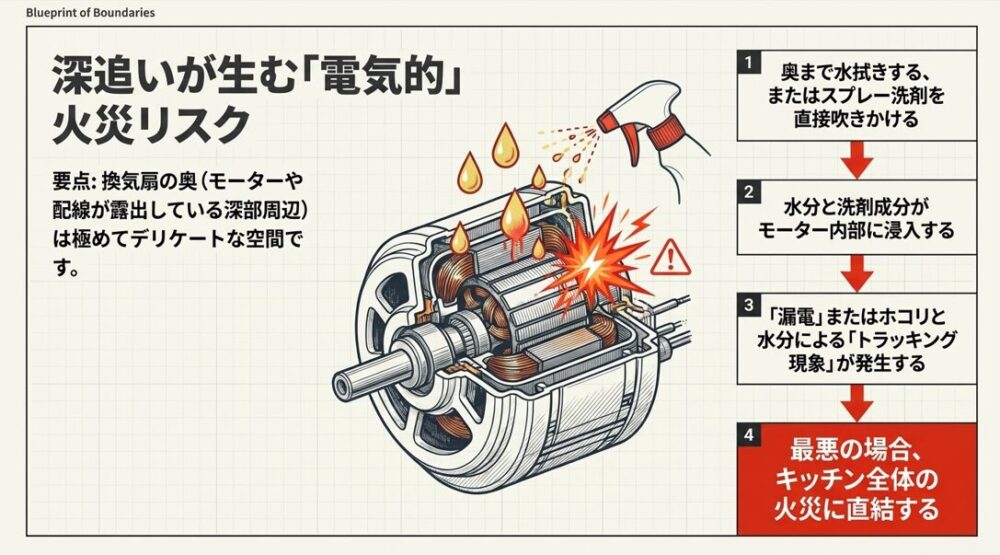 モーター内部への洗剤・水分侵入による漏電やトラッキング現象の危険性を示すイラスト