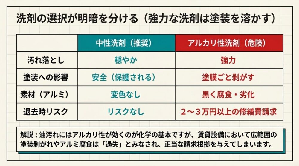 汚れ落とし効果や塗装への影響、退去時リスクにおいて中性洗剤とアルカリ性洗剤を比較した表