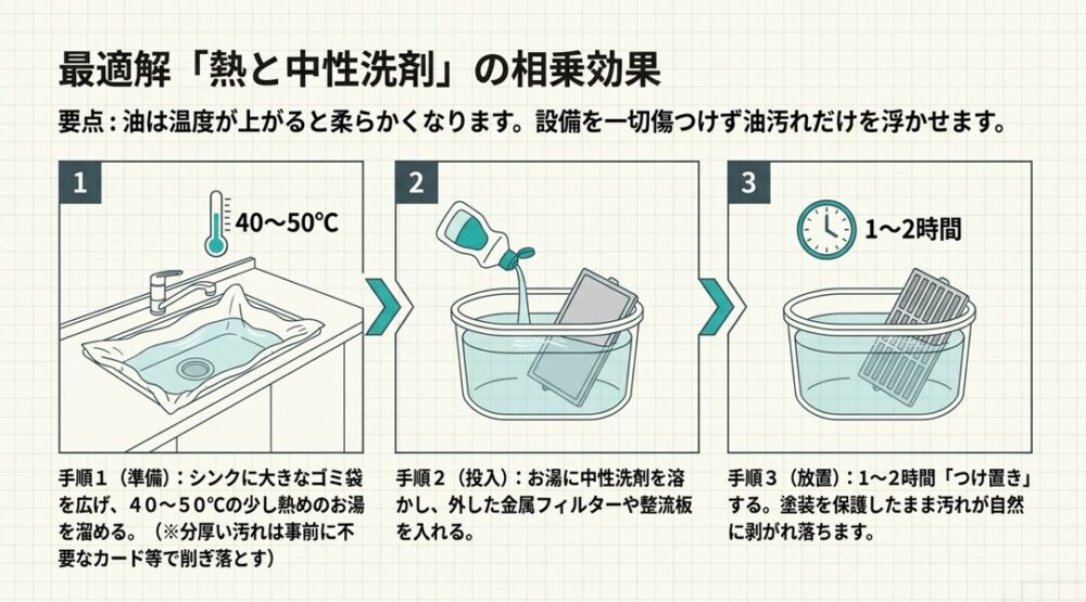 40〜50度のお湯と中性洗剤を使い、換気扇パーツを1〜2時間つけ置き洗いする3ステップの手順図