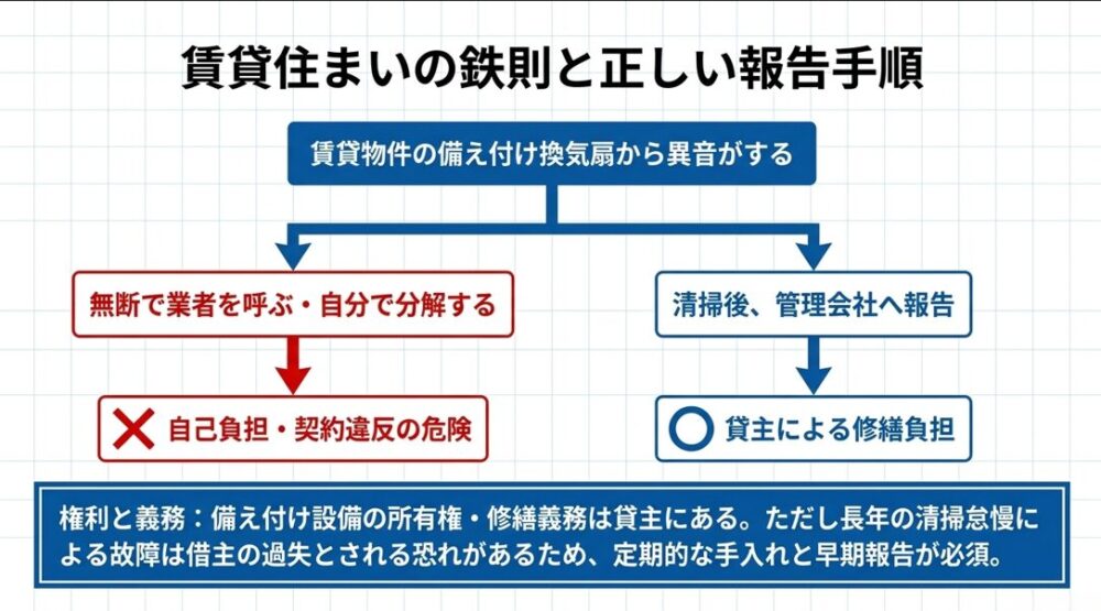 賃貸物件の換気扇で異音がした際、無断で業者を呼ぶ自己負担の危険性と、清掃後に管理会社へ報告する正しい手順を示したフローチャート