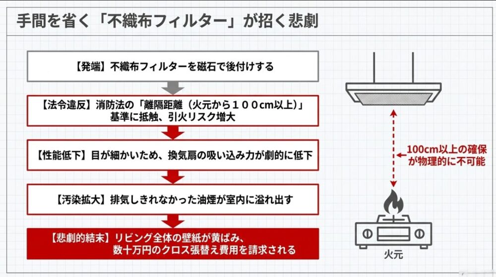 不織布フィルターの後付けによる引火リスクや換気低下、離隔距離不足の法令違反を示す図