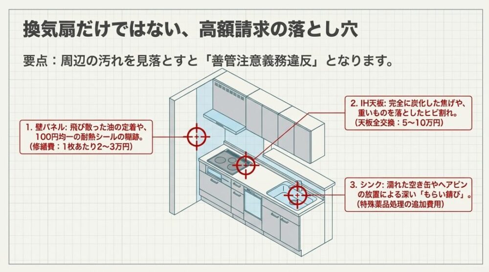 壁パネルのシール跡やIH天板の焦げ、シンクのもらい錆びなど、換気扇以外の周辺トラブル箇所を示す図