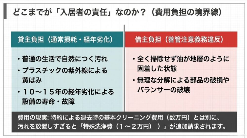 貸主負担となる通常損耗と、借主負担となる善管注意義務違反の違いをまとめた表