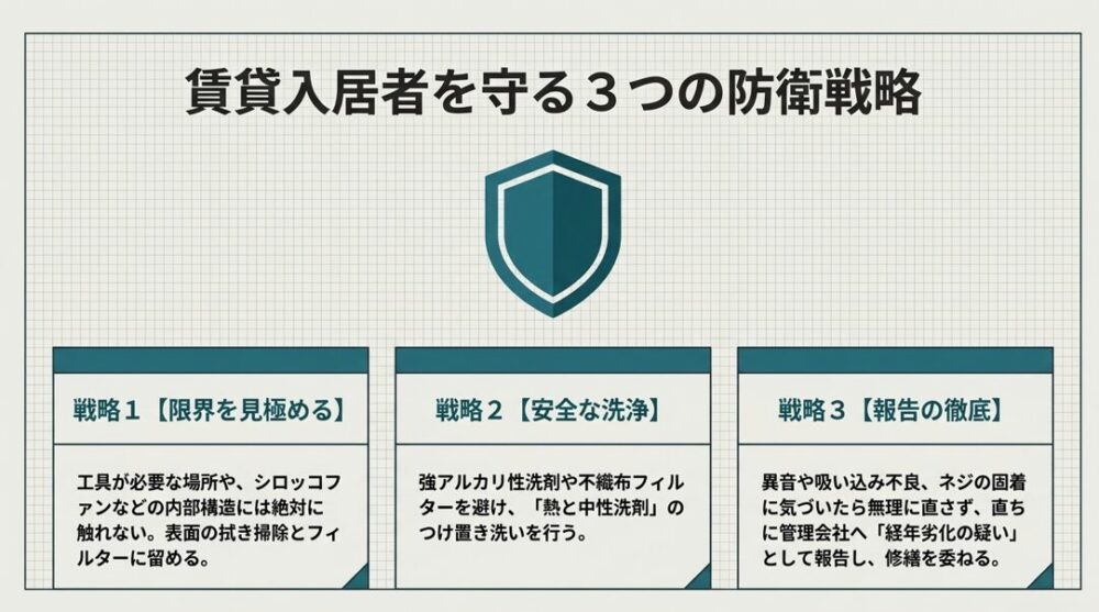 限界を見極め、安全に洗浄し、報告を徹底するという入居者をトラブルから守る3つの戦略を示した盾のアイコン