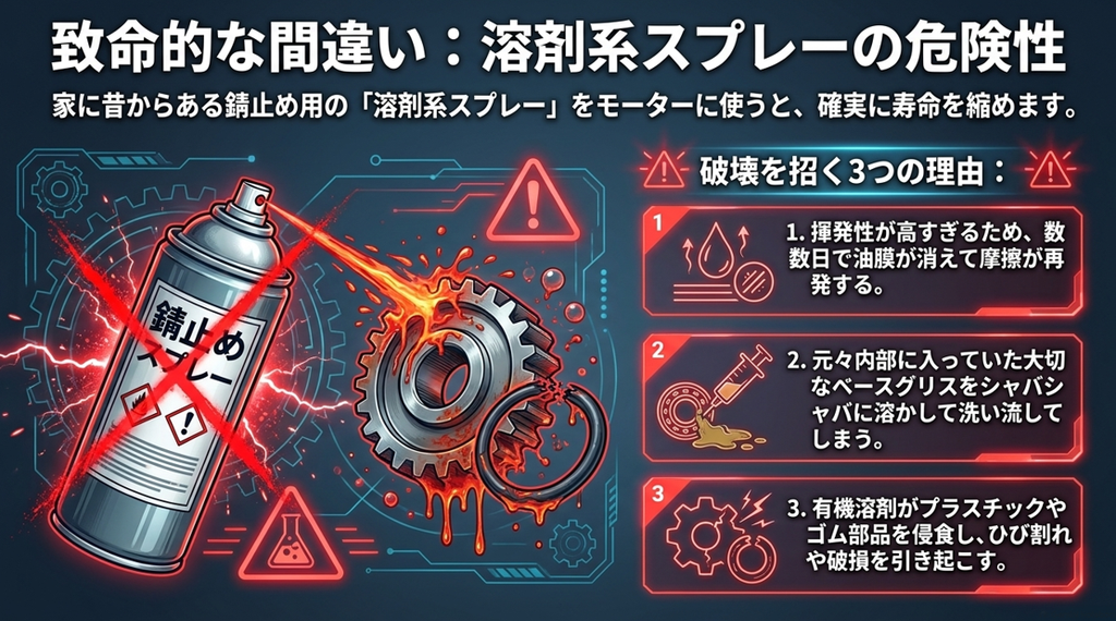 溶剤系スプレーの危険性。揮発性が高すぎるため数日で摩擦が再発し、内部のベースグリスを溶かして流してしまいます。さらに有機溶剤がプラスチックやゴム部品を侵食し破損を引き起こす3つの理由を解説。