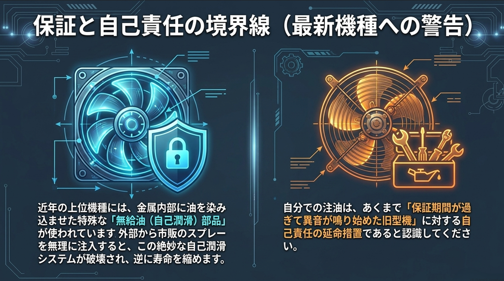 保証と自己責任の境界線。近年の上位機種には自己潤滑部品が使われており、外部からのスプレー注入はこのシステムを破壊して寿命を縮めるため、DIY注油は保証期間が過ぎた旧型機への自己責任の延命措置となります。