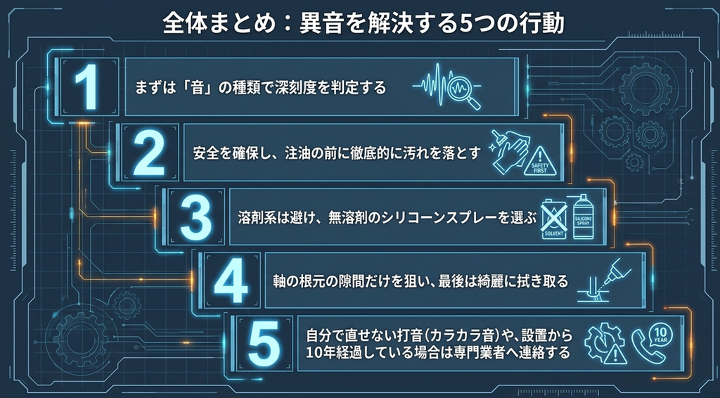 異音を解決する5つの行動まとめ。1.音で深刻度を判定、2.安全確保と事前の徹底洗浄、3.無溶剤のシリコーンスプレーを選ぶ、4.軸の根元だけを狙い最後は拭き取る、5.カラカラ音や10年経過時は専門業者へ連絡する。