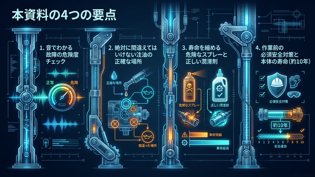 本資料の4つの要点。1.音でわかる故障の危険度チェック、2.絶対に間違えてはいけない注油の正確な場所、3.寿命を縮める危険なスプレーと正しい潤滑剤、4.作業前の必須安全対策と本体の寿命。