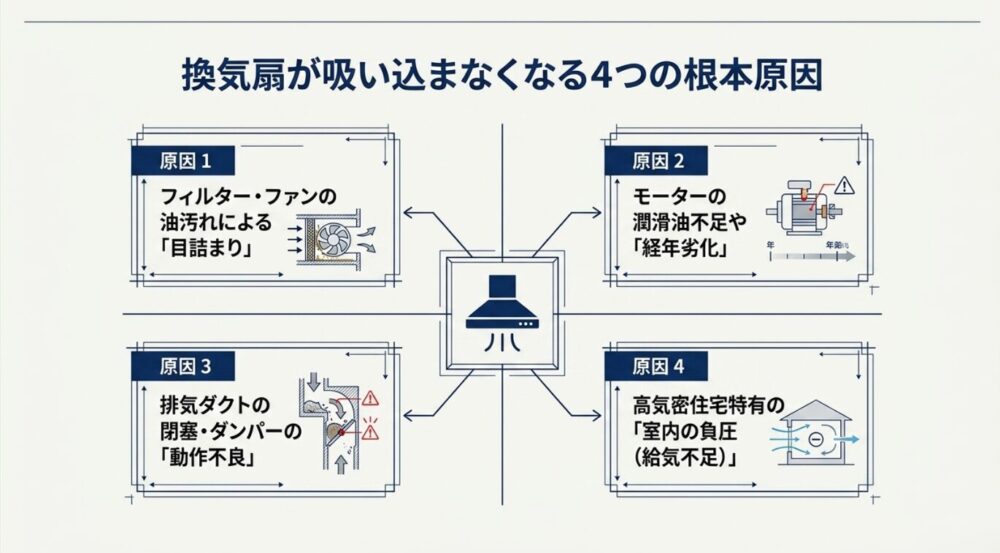 換気扇が吸い込まなくなる4つの根本原因(1.フィルター・ファンの油汚れ、2.モーターの経年劣化、3.排気ダクトの閉塞・動作不良、4.室内の負圧)をまとめた図。