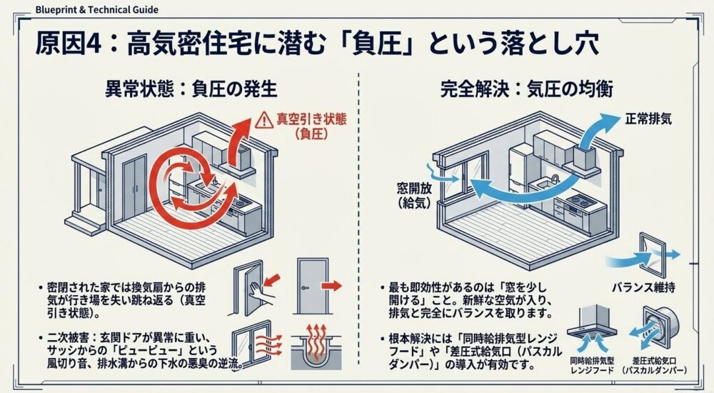 高気密住宅における負圧(真空引き状態)の発生メカニズムと、窓の開放や同時給排気型レンジフードなどを用いた気圧の均衡・解消方法を示した図解