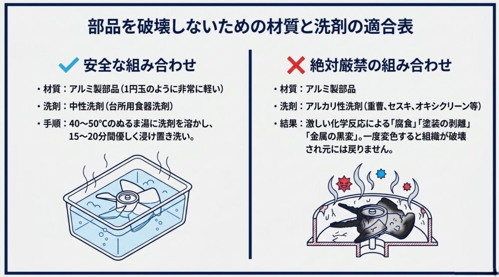 アルミ製部品を破壊しないための洗剤適合表。中性洗剤とぬるま湯を使った安全な組み合わせと、激しい腐食を引き起こすため厳禁とされるアルカリ性洗剤の組み合わせを比較