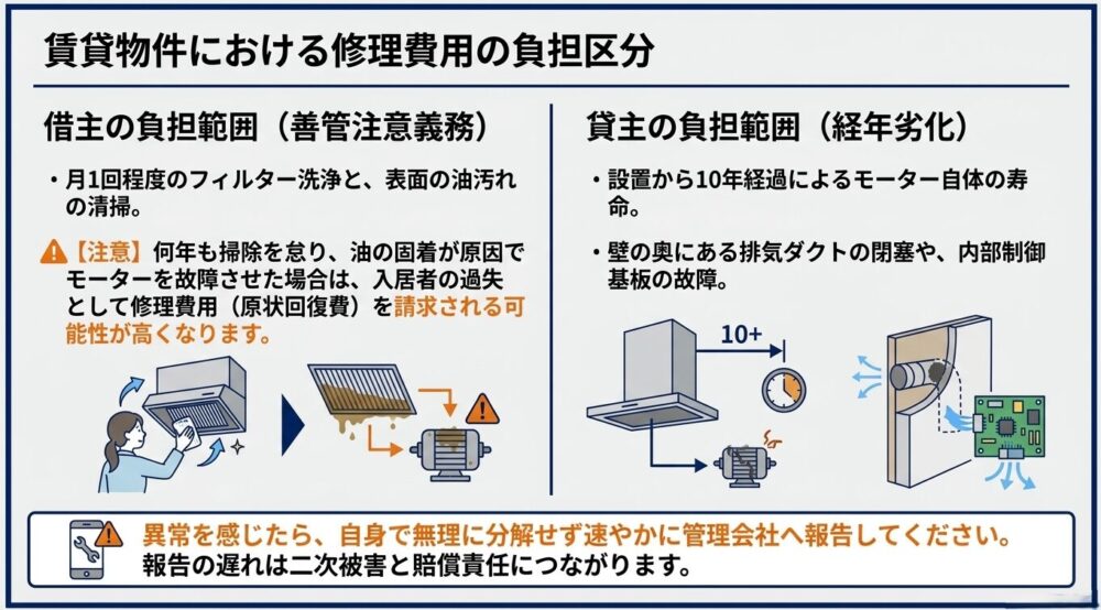 賃貸物件における換気扇修理の費用負担区分。借主の負担範囲(日常メンテナンスと善管注意義務)と、貸主の負担範囲(設置から10年経過などの経年劣化)の境界線を解説