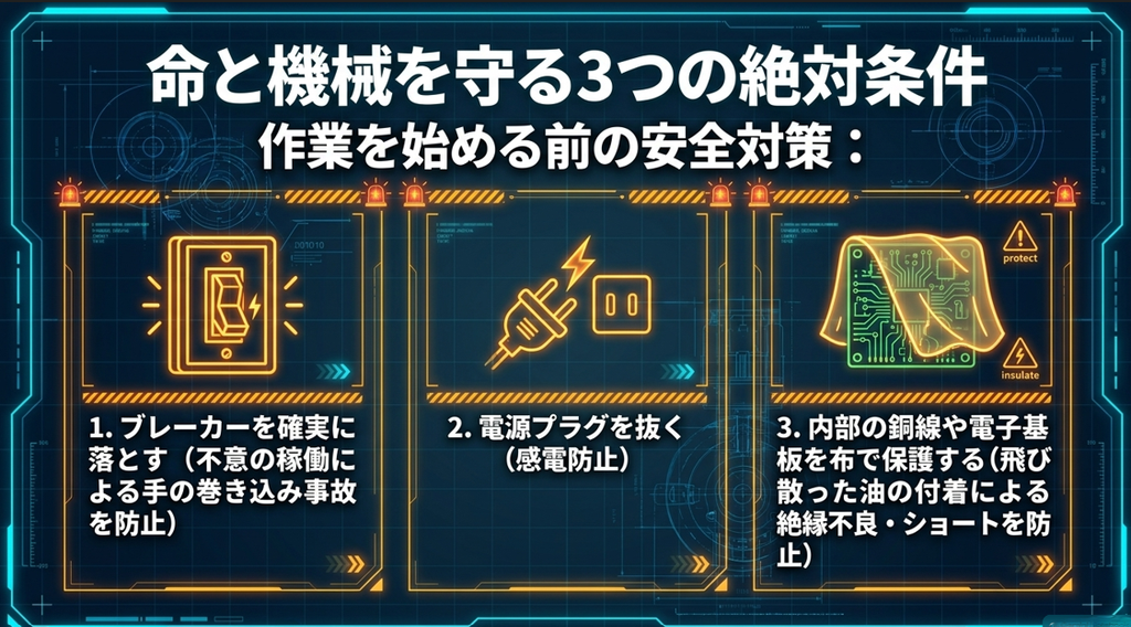 命と機械を守る3つの絶対条件。作業前には、1.ブレーカーを確実に落とす、2.電源プラグを抜く、3.内部の銅線や電子基板を布で保護する、という安全対策を徹底します。