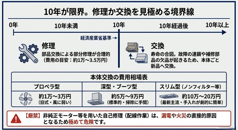 レンジフードの耐用年数10年を基準とした判断表。10年未満は部品交換での修理、10年以上は寿命のため本体交換を推奨し、プロペラ型・深型・スリム型それぞれの交換費用相場を記載