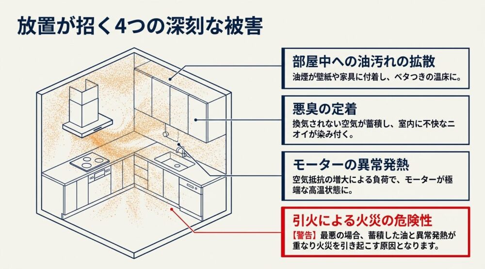換気扇の吸い込み不良を放置した際に発生する4つの被害(部屋中への油汚れの拡散、悪臭の定着、モーターの異常発熱、引火による火災の危険性)を示した図解。