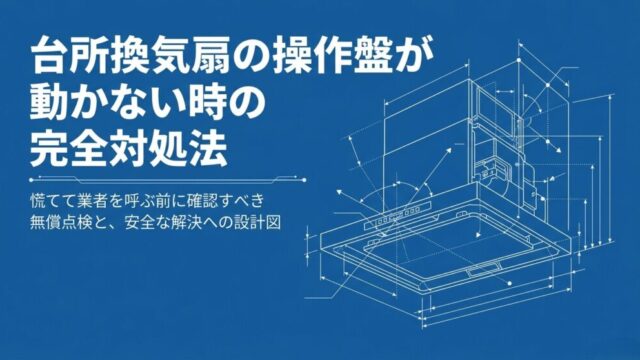 「台所換気扇の操作盤が動かない時の完全対処法。慌てて業者を呼ぶ前に確認すべき無償点検と、安全な解決への設計図」と書かれたスライドの表紙画像