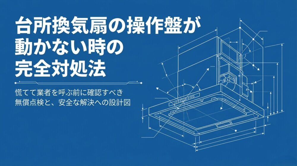 「台所換気扇の操作盤が動かない時の完全対処法。慌てて業者を呼ぶ前に確認すべき無償点検と、安全な解決への設計図」と書かれたスライドの表紙画像