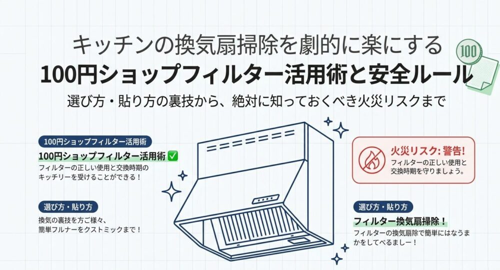 キッチンの換気扇掃除を劇的に楽にする、100円ショップフィルター活用術と安全ルールの表紙スライド