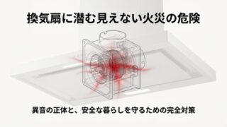 「換気扇に潜む見えない火災の危険 異音の正体と、安全な暮らしを守るための完全対策」と書かれたタイトルスライド。換気扇のモーターが赤く発熱しているイラスト。