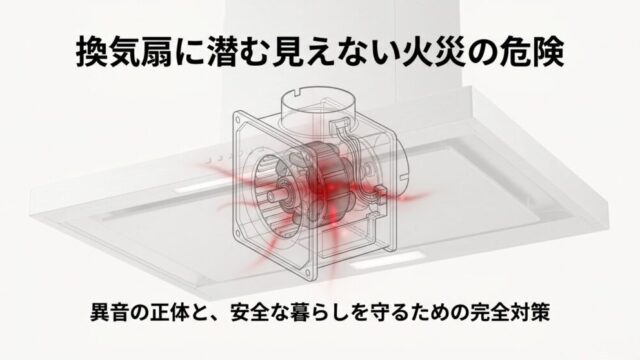 「換気扇に潜む見えない火災の危険 異音の正体と、安全な暮らしを守るための完全対策」と書かれたタイトルスライド。換気扇のモーターが赤く発熱しているイラスト。