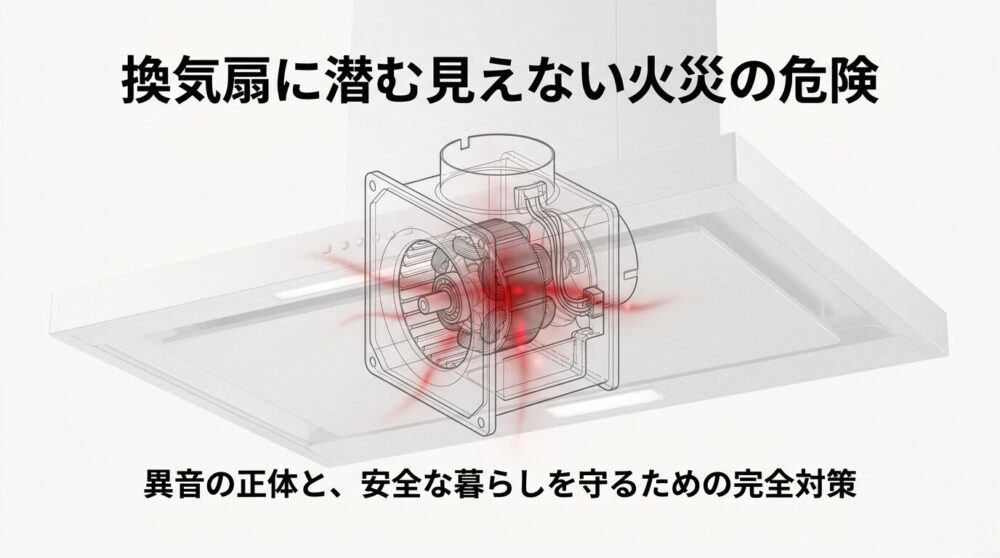 「換気扇に潜む見えない火災の危険 異音の正体と、安全な暮らしを守るための完全対策」と書かれたタイトルスライド。換気扇のモーターが赤く発熱しているイラスト。