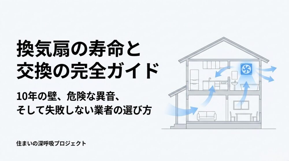 家全体の換気の流れを示すイラストと、「換気扇の寿命と交換の完全ガイド 10年の壁、危険な異音、そして失敗しない業者の選び方」というスライドタイトル