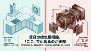 賃貸物件の換気扇掃除における、安全な範囲と危険な範囲を分けた境界線のイメージ図