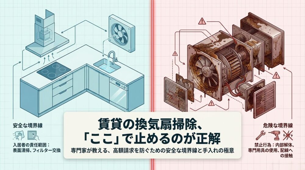 賃貸物件の換気扇掃除における、安全な範囲と危険な範囲を分けた境界線のイメージ図