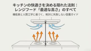 キッチンの快適さを決める隠れた法則：レンジフード「最適な高さ」のすべてと書かれたタイトルスライド