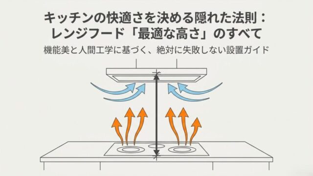 キッチンの快適さを決める隠れた法則:レンジフード「最適な高さ」のすべてと書かれたタイトルスライド