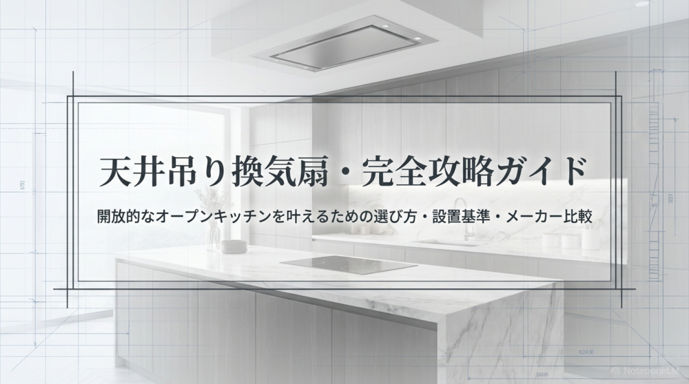 「天井吊り換気扇・完全攻略ガイド。開放的なオープンキッチンを叶えるための選び方・設置基準・メーカー比較」と記載された表紙スライド