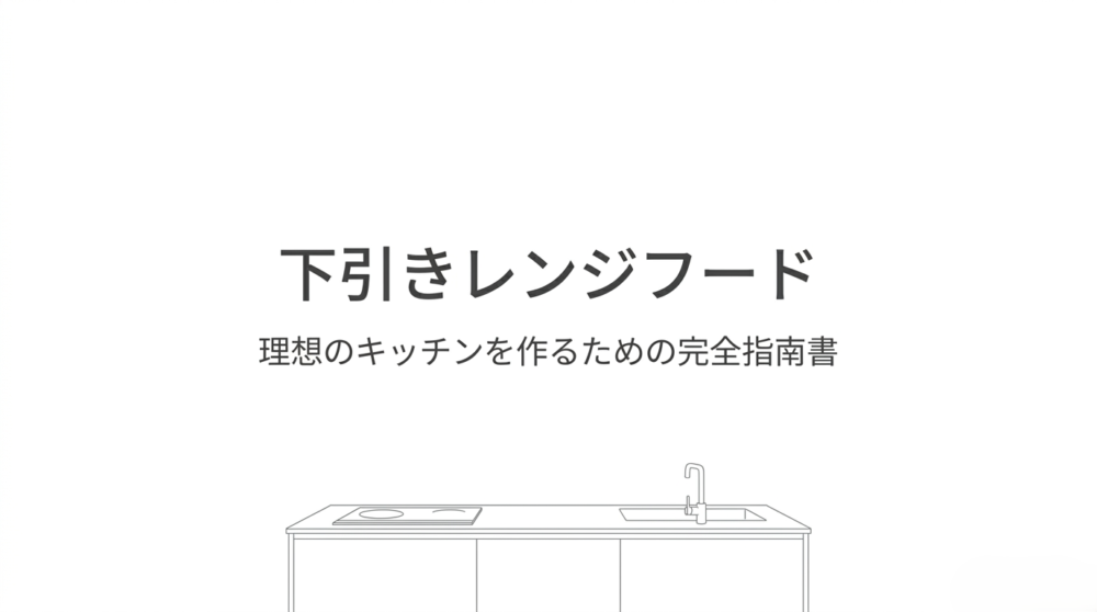下引きレンジフードを取り入れたアイランドキッチンの線画イラスト。「下引きレンジフード 理想のキッチンを作るための完全指南書」というタイトルが書かれています。