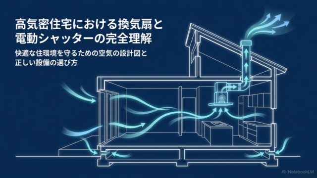 高気密住宅における換気扇と電動シャッターの完全理解。快適な住環境を守るための空気の設計図と正しい設備の選び方についてのタイトルスライド。