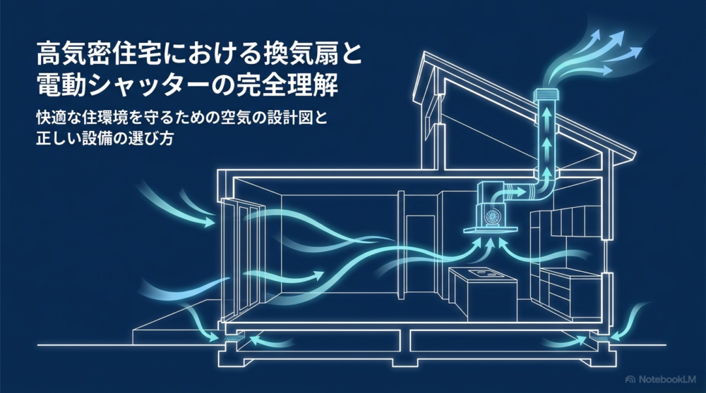 高気密住宅における換気扇と電動シャッターの完全理解。快適な住環境を守るための空気の設計図と正しい設備の選び方についてのタイトルスライド。